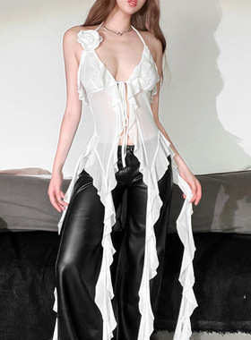 海边度假风白色荷叶边挂脖吊带上衣露背绑带纱网飘带修身小背心女