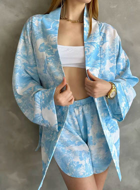 Printed shirt shorts set 欧美蓝色印花长袖绑带衬衫短裤套装女