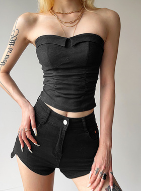 音乐节辣妹穿搭黑色褶皱无袖抹胸背心女外穿内搭修身显瘦短款上衣