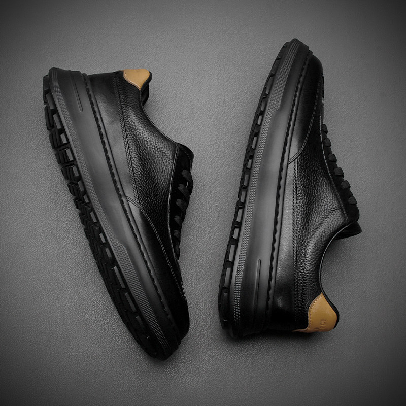 欧洲站男鞋春季真皮休闲皮鞋男士百搭轻便厚底板鞋黑色低帮潮鞋男,流行男鞋,休闲皮鞋,淘宝优惠券,粉丝福利购,淘宝优惠卷
