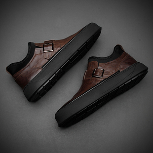 高级感真皮休闲皮鞋男士复古擦色板鞋百搭透气潮鞋懒人一脚蹬男鞋