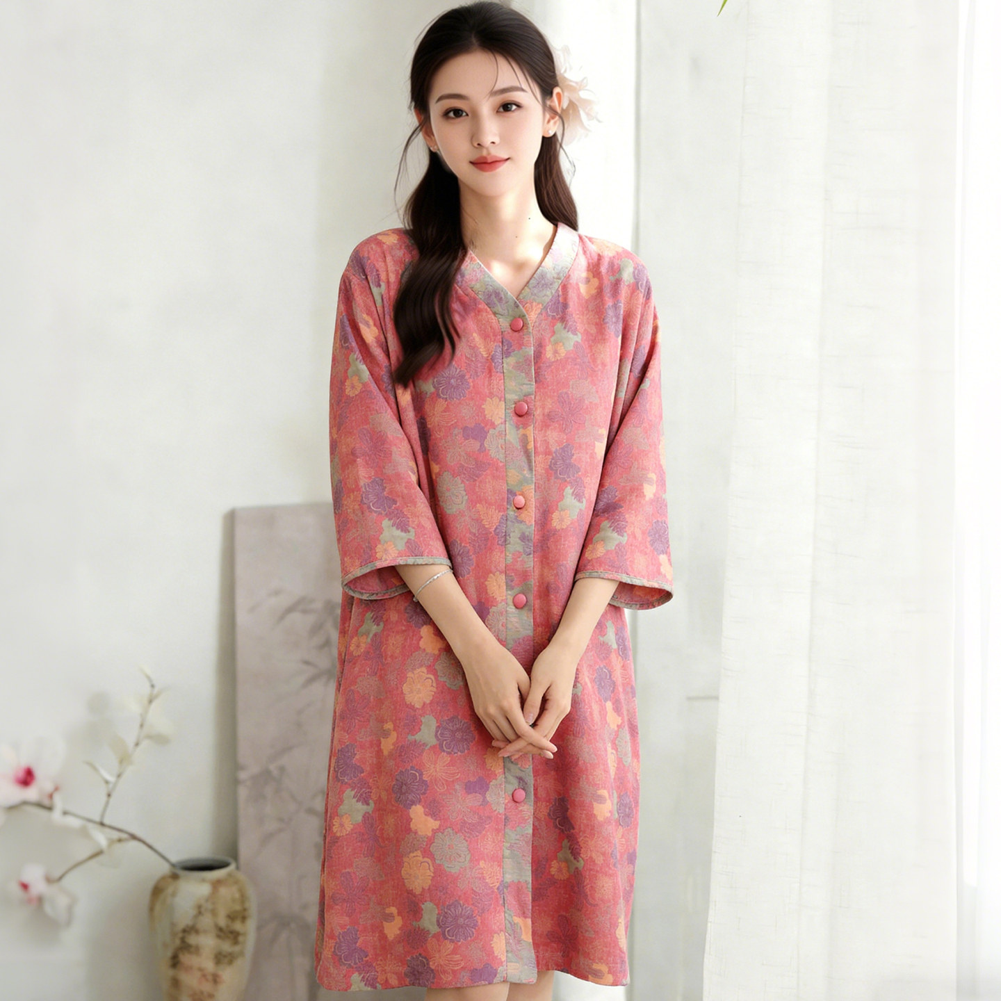 睡裙女款纯棉双层纱布吸水速干2026新款纽扣子薄款全棉家居服浴袍