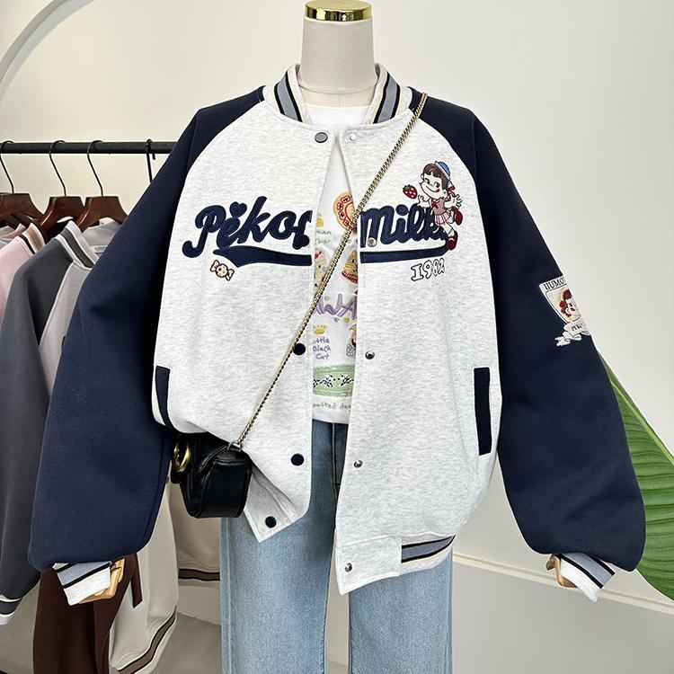 韩国东大门重工字母刺绣洋气拼色袖宽松大码棒球服外套女春秋新款