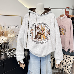 2026春款 韩国单重工刺绣卡通宽松拼色连帽卫衣女 花纱粉 巨好看