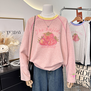 立体刺绣草莓洋气拼色圆领宽松t恤女长袖 时尚 秋 2025新款 软糯亲肤