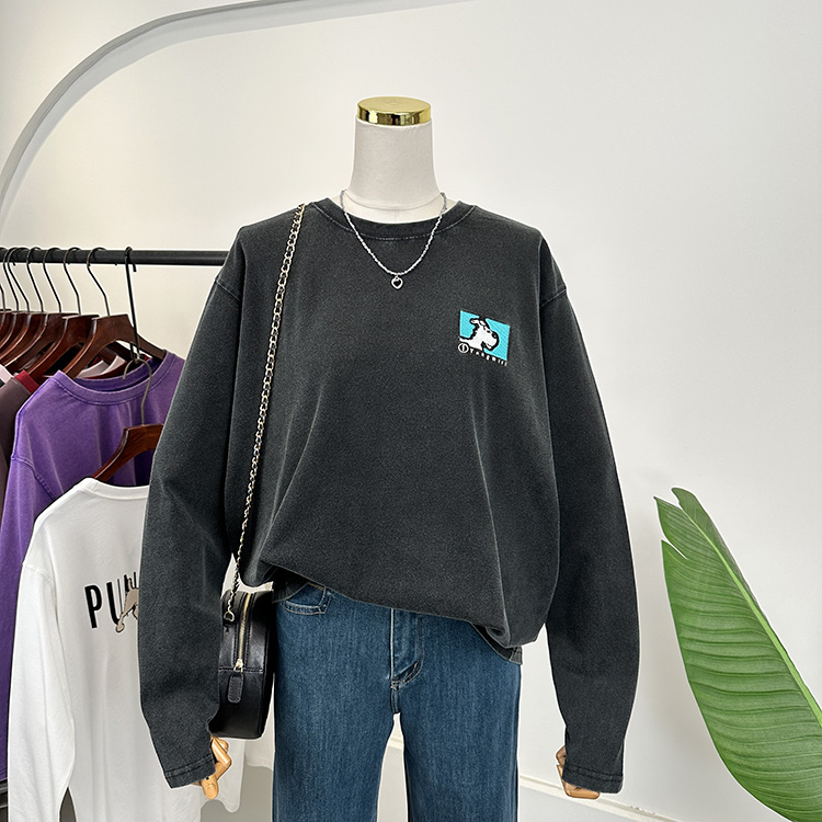 韩国单做旧砂洗纯棉t恤女长袖