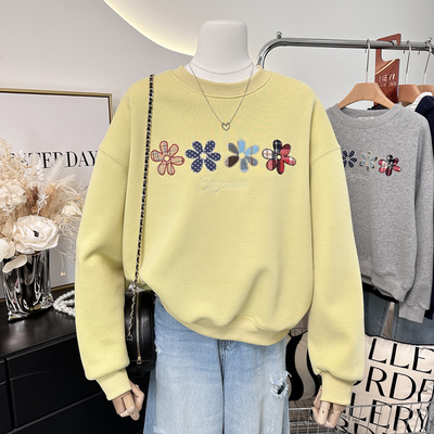 复古贴布四朵小花~韩系时尚休闲宽松套头衫加绒卫衣女小个子短款