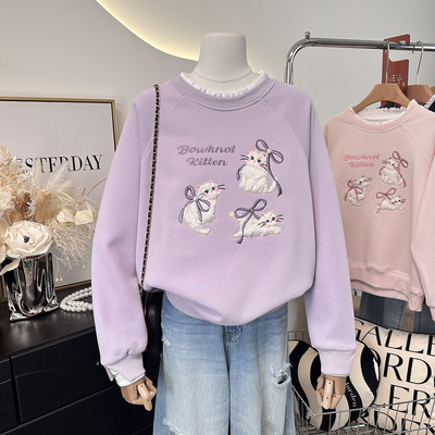 超美花边圆领~设计感假两件重工刺绣卡通宽松大码加绒卫衣女冬季