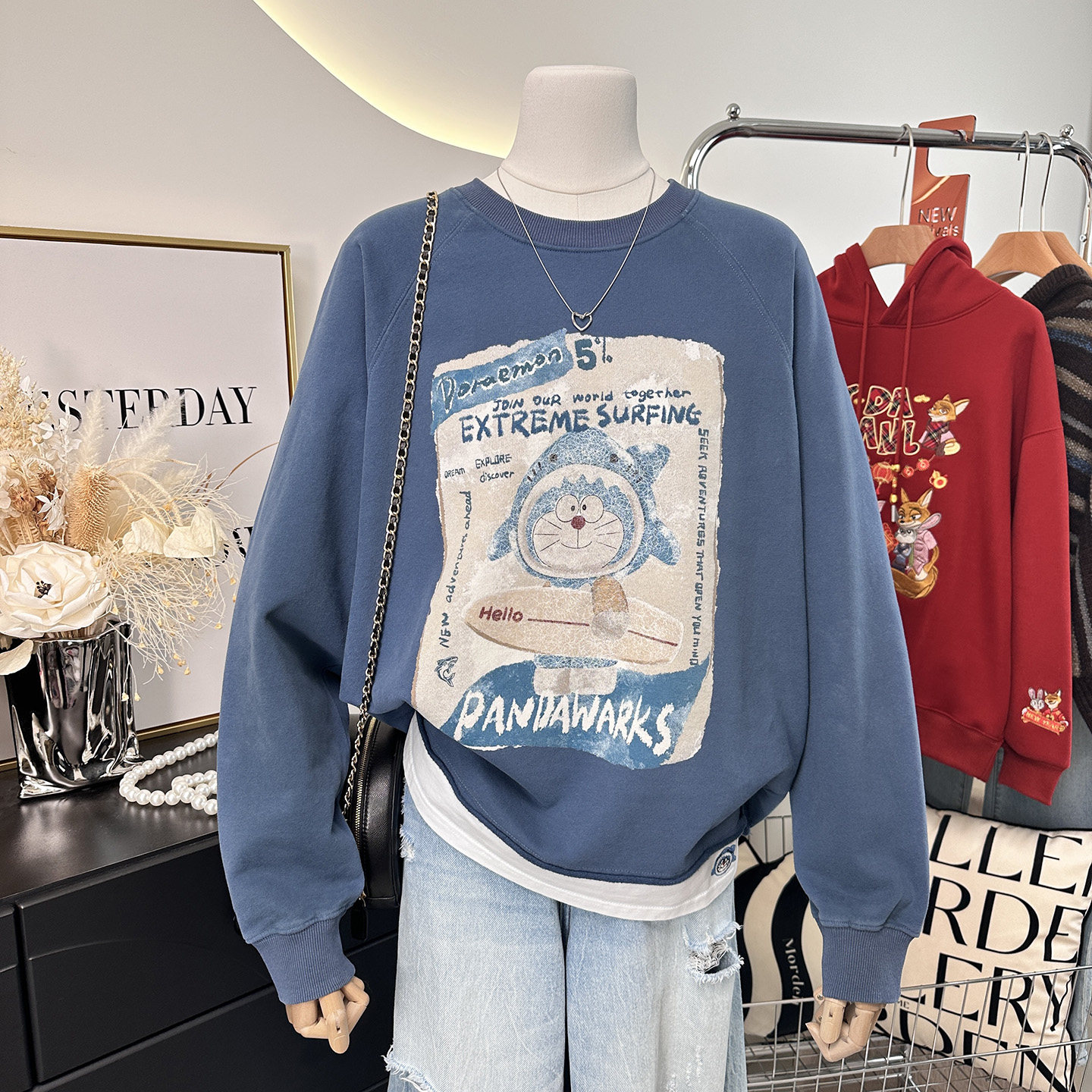 白边拼接假两件~熊猫纸袋家品质纯棉卫衣宽松慵懒薄绒款做旧卡通,女装/女士精品,卫衣/绒衫,淘宝优惠券,粉丝福利购,淘宝优惠卷