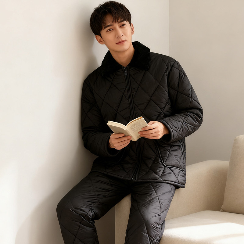 男士睡衣冬三层夹棉加厚菱格纹翻领黑色家居服套装防风羽绒服面料