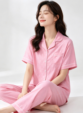 睡衣女士新款夏季薄款套轻奢压花时尚宽松家居服云朵棉休闲套装