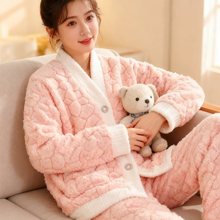 家居服可外穿超柔软大码 秋冬女装 开衫 长袖 宽松秋新 珊瑚绒睡衣套装