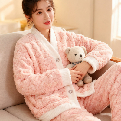 珊瑚绒睡衣套装长袖开衫家居服