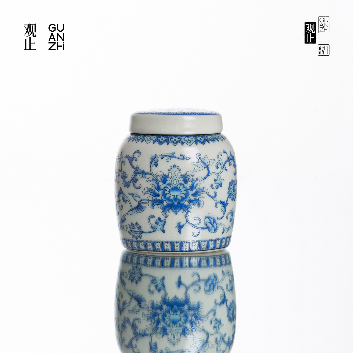 观止米黄汝窑青花缠枝莲茶叶罐