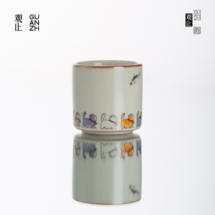 观止米黄汝窑主人杯可爱猫咪喝茶杯子陶瓷开片可养女生茶杯茶盏