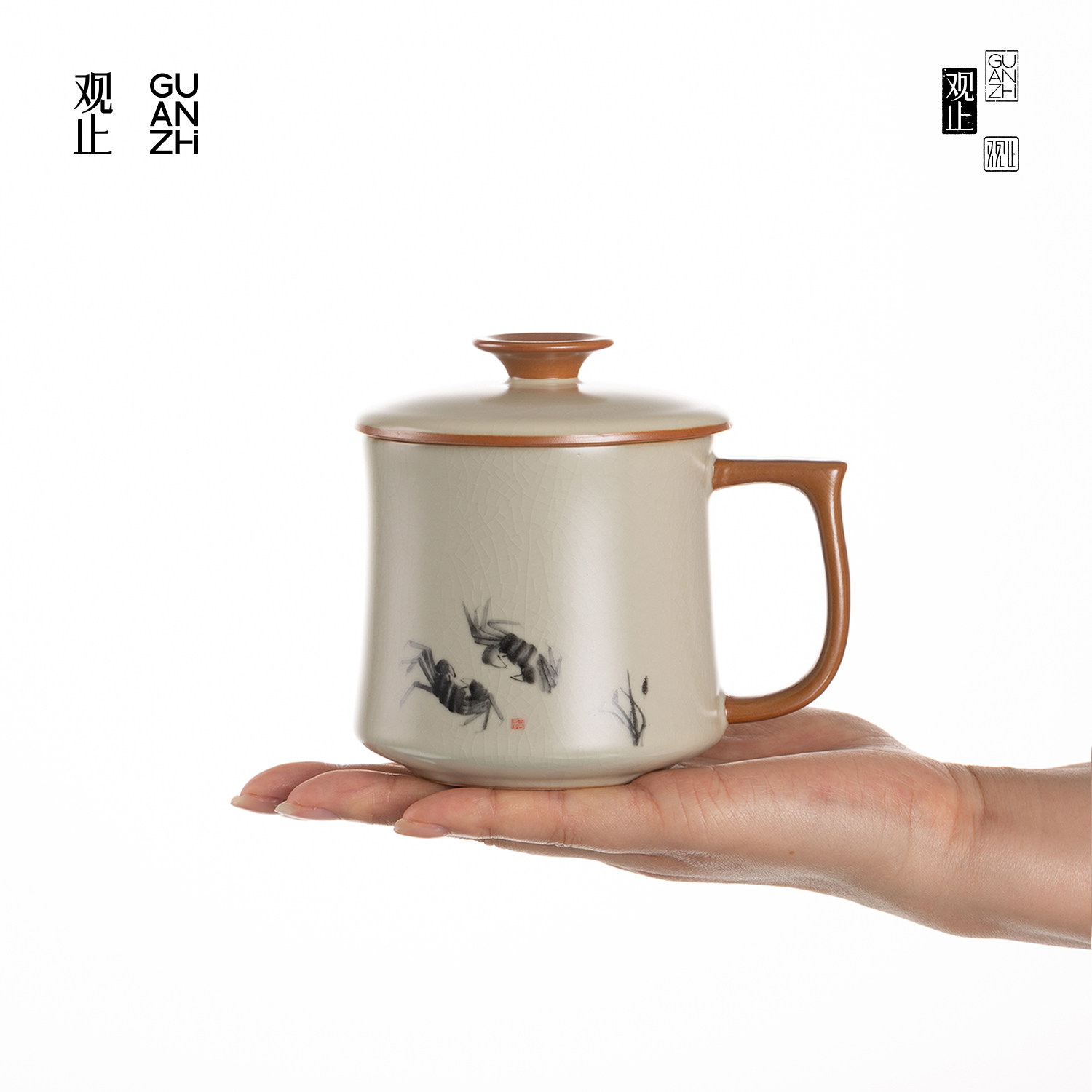 观止汝窑办公杯茶水分离大容量水杯带盖陶瓷功夫茶具办公室泡茶杯