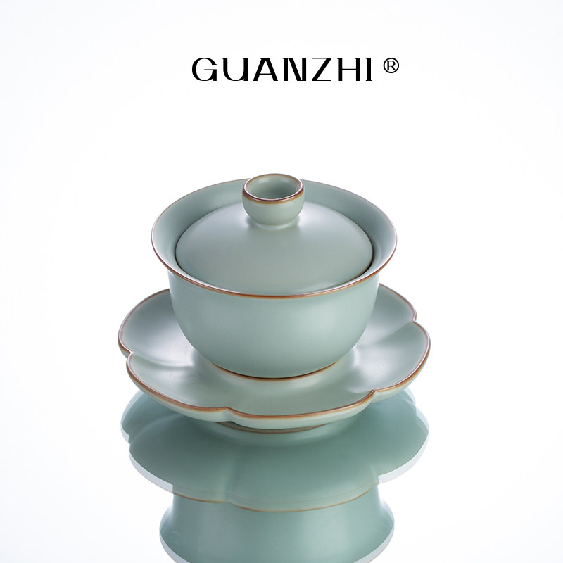 观止天青汝窑盖碗茶杯家用功夫茶具茶盏开片可养中式家用三才盖碗