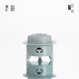 观止汝窑天青色小香炉祥云香炉手工扒花香薰茶道桌面摆件香炉三足
