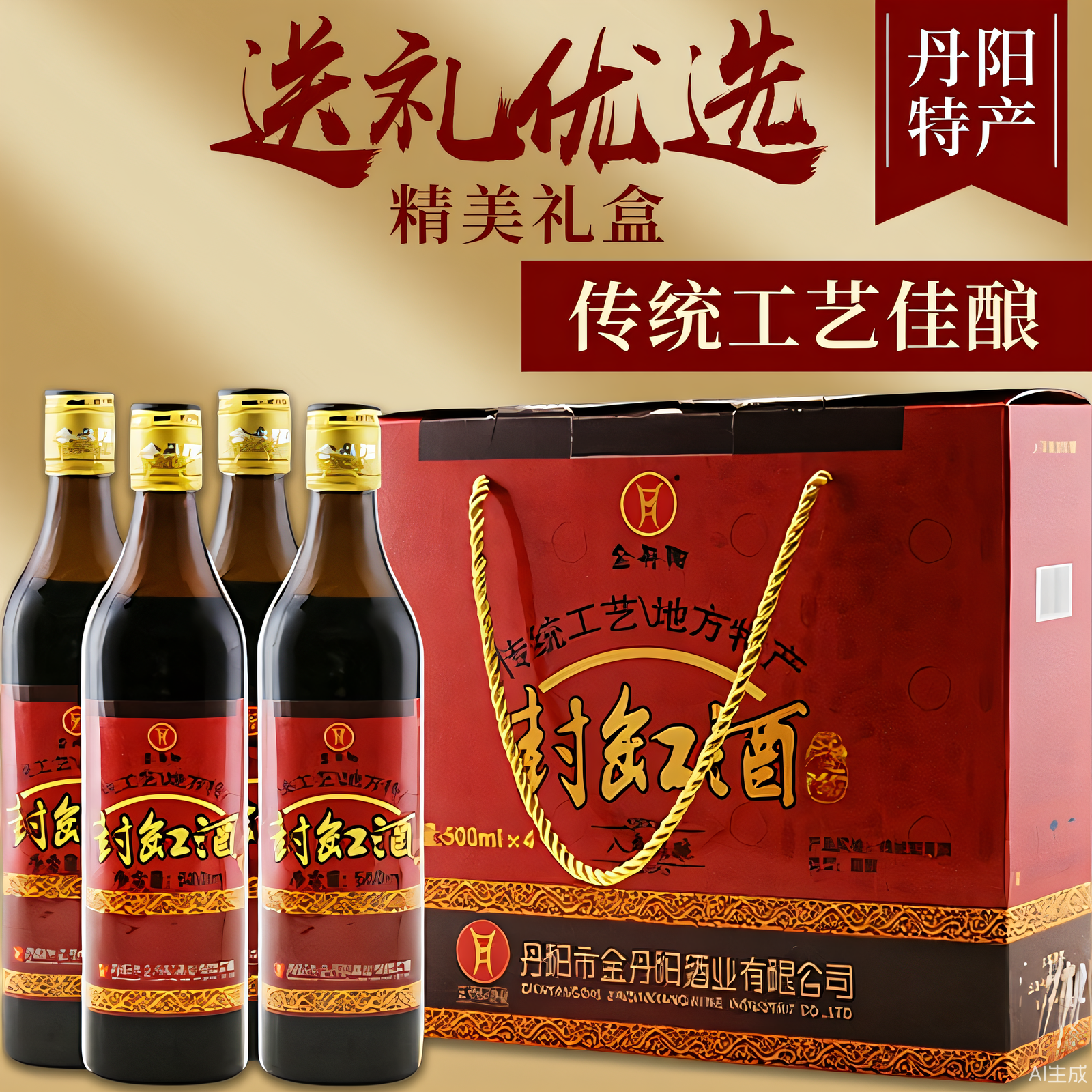 金丹阳八年陈酿封缸酒 江苏丹阳特产 糯米黄酒 500ml*4瓶装礼盒装