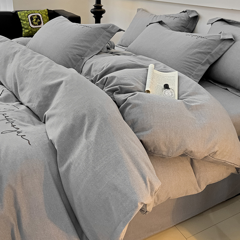 纯棉磨毛四件套100全棉简约刺绣女床单人被套宿舍三件套床上用品