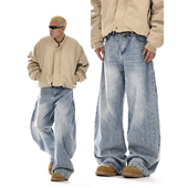 高街设计感情侣百搭宽松阔腿休闲长裤 复古水洗解构牛仔裤 男女美式