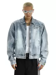 High-End Gradient Washed Shoulder-Padded Zipper American Retro Jacket for Men, New Niche Design Denim Jacket