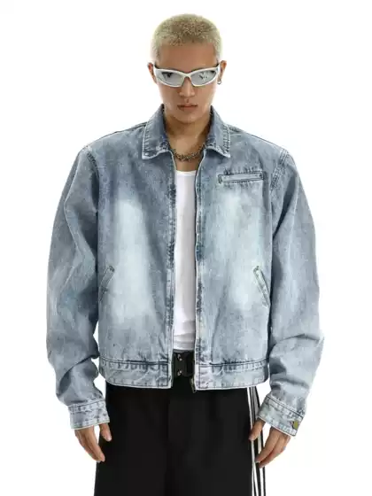 High-End Gradient Washed Shoulder-Padded Zipper American Retro Jacket for Men, New Niche Design Denim Jacket