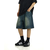 美式 潮 中裤 复古牛仔短裤 男女做旧街头宽松百搭直筒休闲水洗五分裤