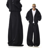 男女设计感小众解构宽松显瘦直筒阔腿弯刀运动裤 美式 复古黑色卫裤