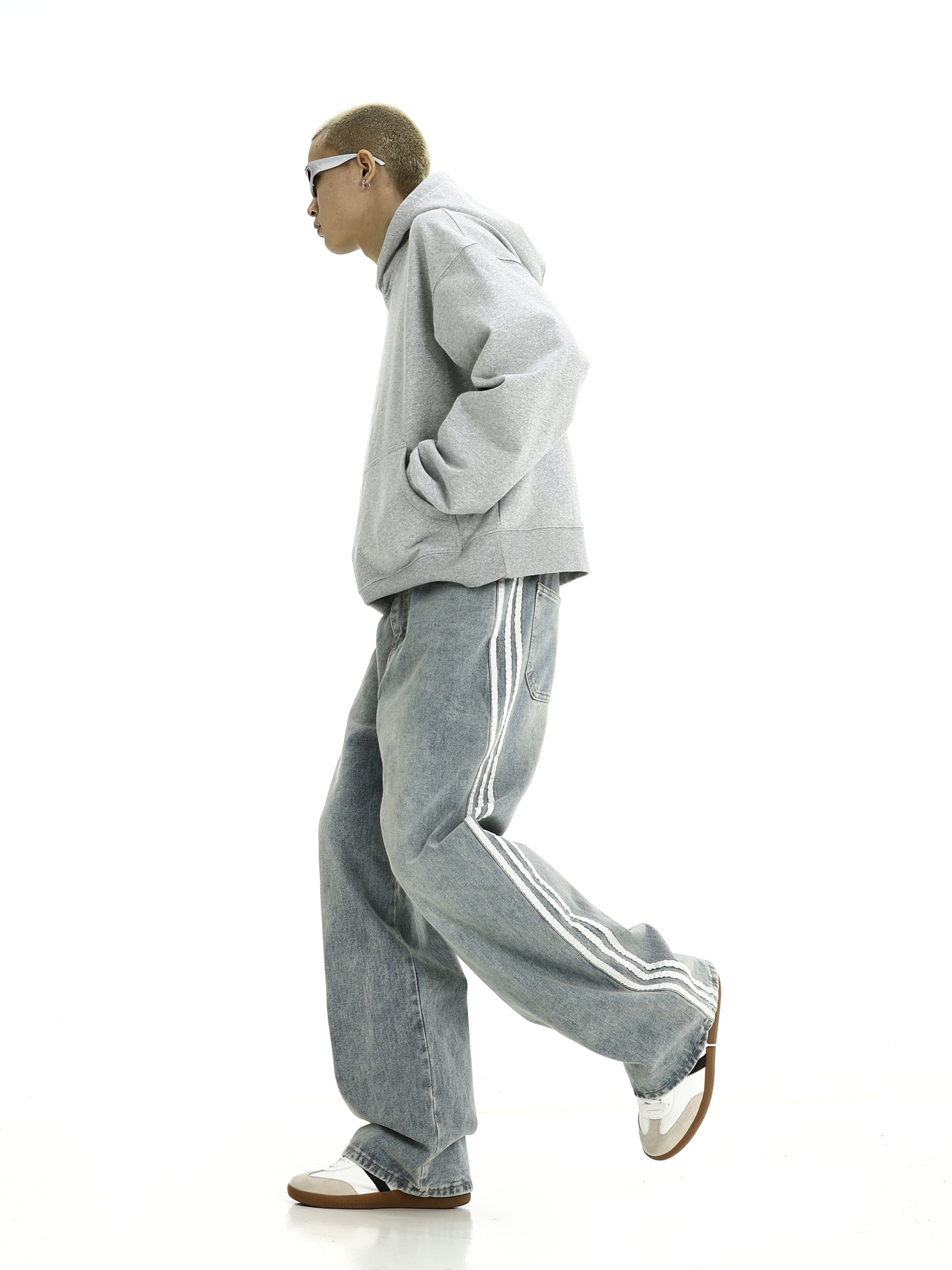 AMERICAN-STYLE RETRO THREE-BAR STRIPED BLACK JEANS MENS TRENDY HIGH STREET LOOSE DRAPE MOPPING AND VERSATILE STRAIGHT-LEG PANTS