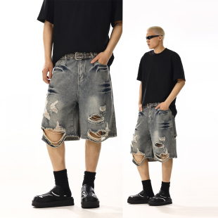 宽松直筒阔腿百搭休闲五分裤 美式 新款 男夏季 水洗做旧破洞牛仔短裤