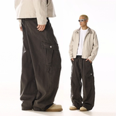 美式 子 男女廓形褶皱设计感宽松直筒阔腿裤 复古水洗做旧解构工装 裤