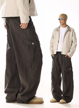 美式复古水洗做旧解构工装裤男女廓形褶皱设计感宽松直筒阔腿裤子