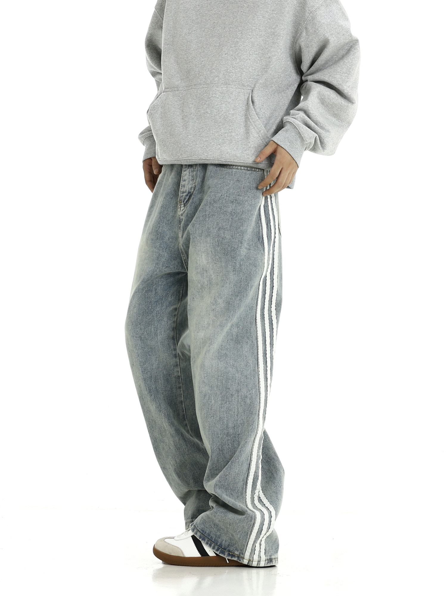 AMERICAN-STYLE RETRO THREE-BAR STRIPED BLACK JEANS MENS TRENDY HIGH STREET LOOSE DRAPE MOPPING AND VERSATILE STRAIGHT-LEG PANTS