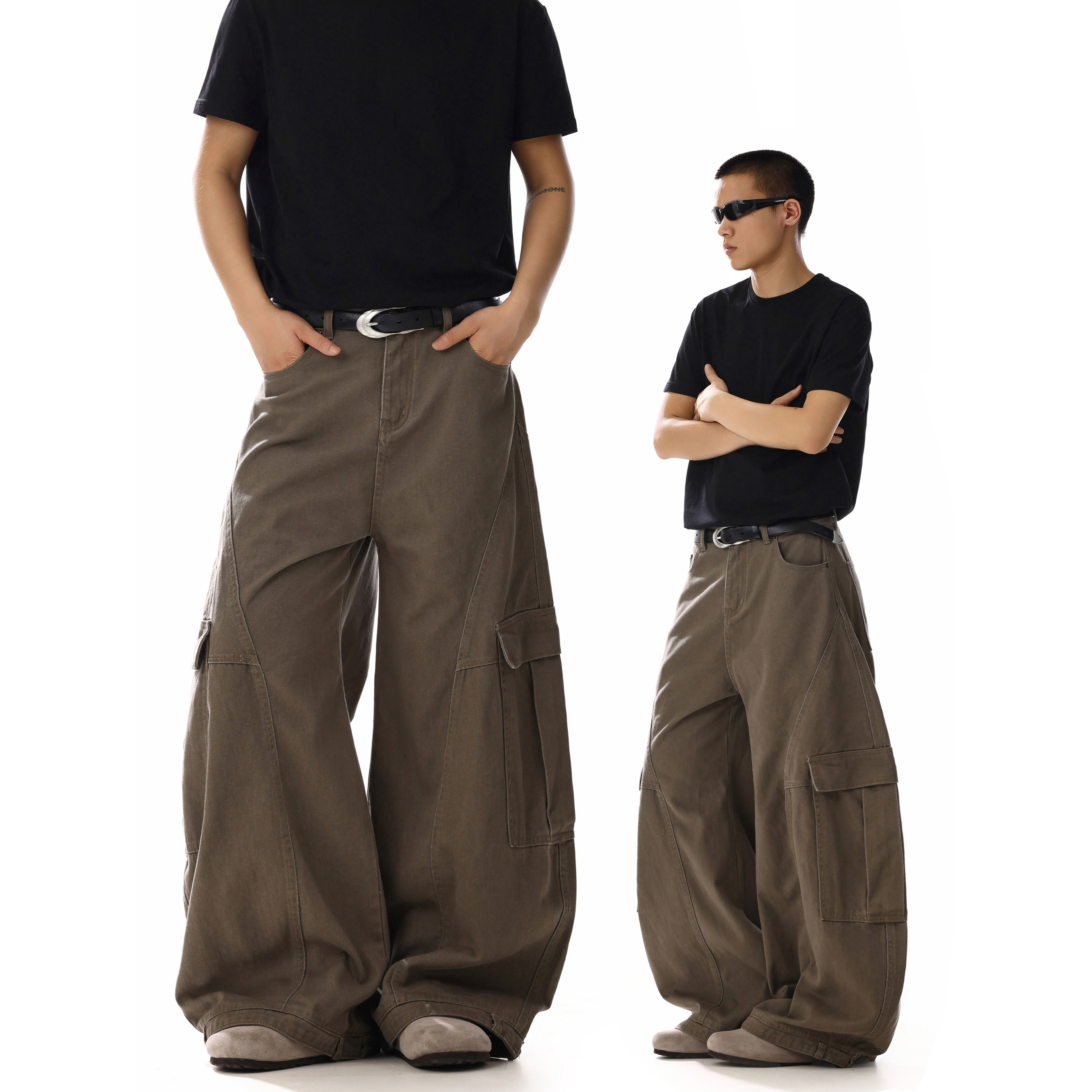 美式复古解构做旧阔腿弯刀牛仔裤