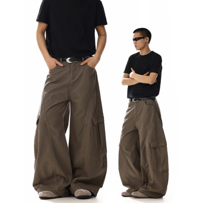 美式复古解构做旧阔腿弯刀牛仔裤