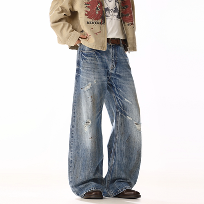 美式复古宽松脏染做旧牛仔裤男女