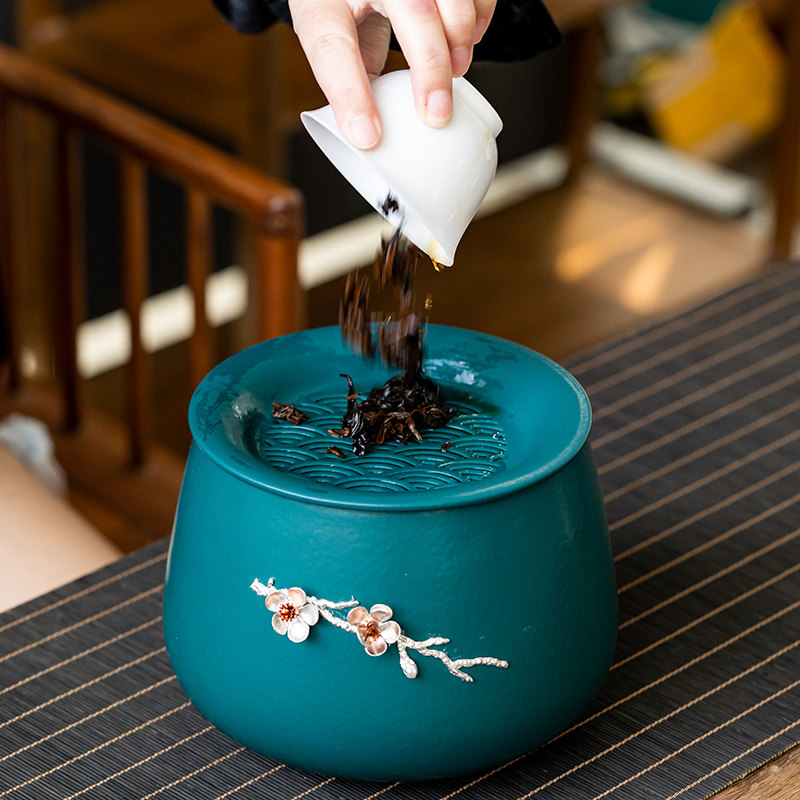 晟窑茶洗大号窑变绿水洗杯洗日式陶瓷水盂笔洗茶渣缸带盖茶道配件