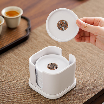 晟窑轻奢中式白色福字茶杯垫隔热垫茶托复古圆形功夫茶具茶道配件