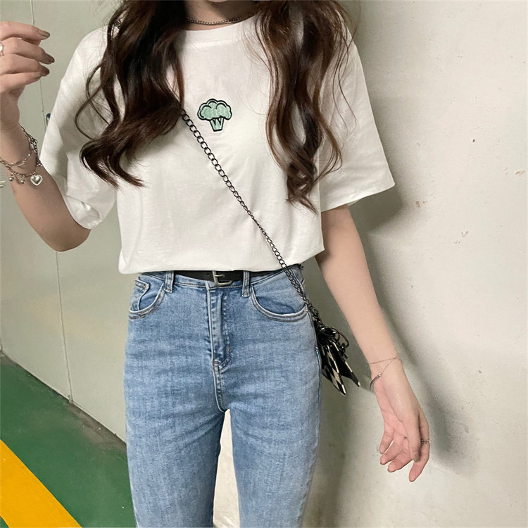 实价实拍 3刺绣小蘑菇短袖t恤女夏圆领套头宽松纯色上衣b109