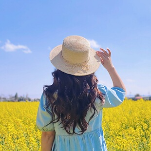 小王子拉菲草平顶帽草帽遮阳帽女出游百搭防晒 珍千红 董艺穿搭