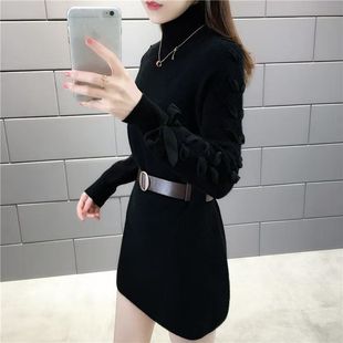 冬季 半高领系带针织打底衫 百搭 2025秋冬新款 加绒加厚毛衣女中长款