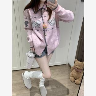 花纱小狗提花翻领毛衣外套 休闲百搭费尔岛针织开衫 国潮牌秋季 新款