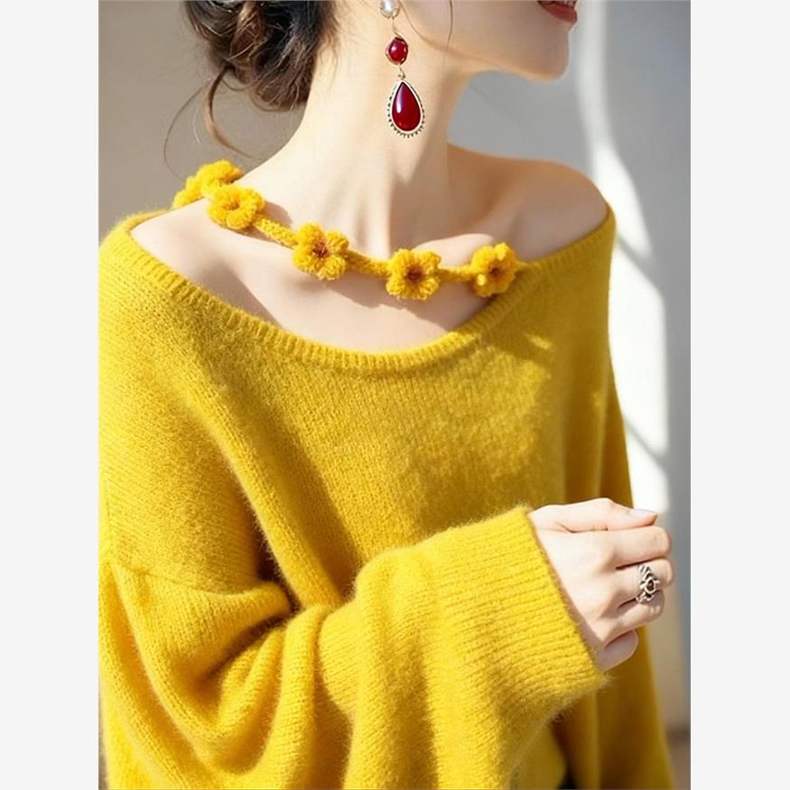 法式轻熟黄色花朵系带露肩毛衣女2025秋冬新款慵懒风减龄气质上衣