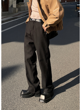 ZINGUP黑色垂感开叉西装休闲裤男装秋季拖地长裤西裤宽松直筒裤子