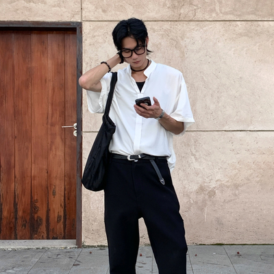 ZINGUP 白色休闲衬衫 春夏轻薄防晒修身短袖小立领衬衣上衣