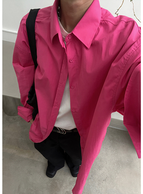 ZINGUP粉色polo领长袖衬衫男秋季衬衣外套宽松设计感小众上衣外穿