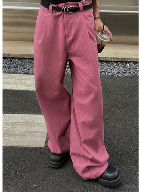 ZINGUP美式复古中高腰休闲裤男秋季宽松粉色拖地长裤直筒阔腿裤子