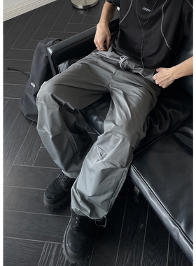 ZINGUP灰色宽松休闲裤男春秋美式工装裤子伞兵裤设计感抽绳休闲裤