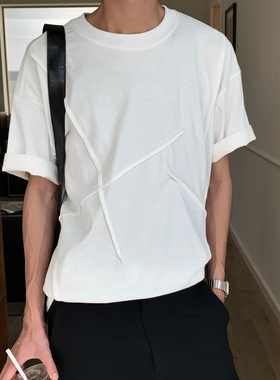 ZINGUP 纯棉T恤褶皱设计纯白短袖美式休闲宽松夏季高领打底衫上衣